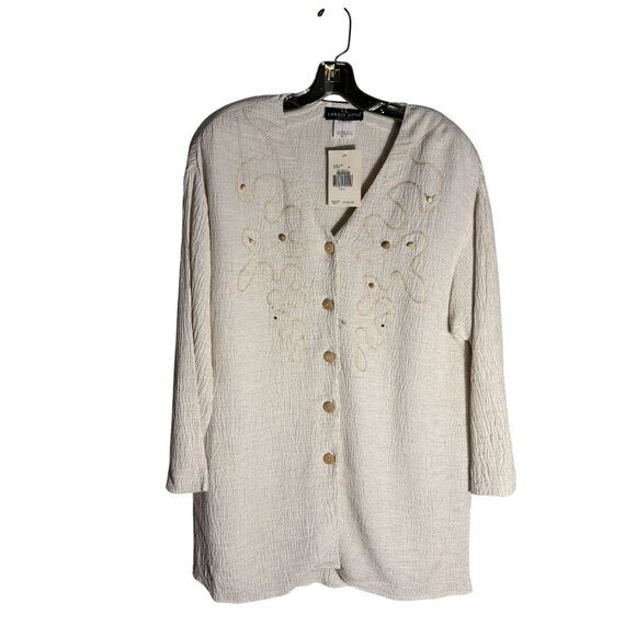 Carole Little Tops - Carole Little Embroidered Button-Down Cream Tunic Rayon/Linen Blend Size 8